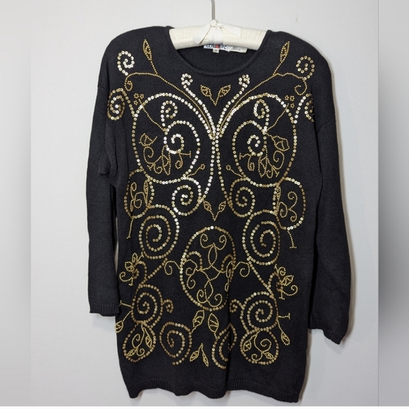 Womens Sweater Dress Black & Gold Beaded Spangles Size Small VTG 80s L'EAU VIVE - Picture 3 of 15